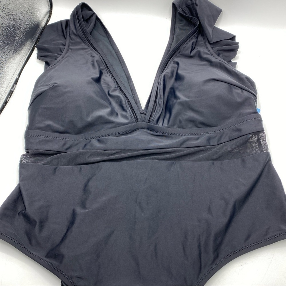 Cupshe Black Plus Size One Piece Swimsuit 3X Deep Plunge Ruffle Shoulder Mesh